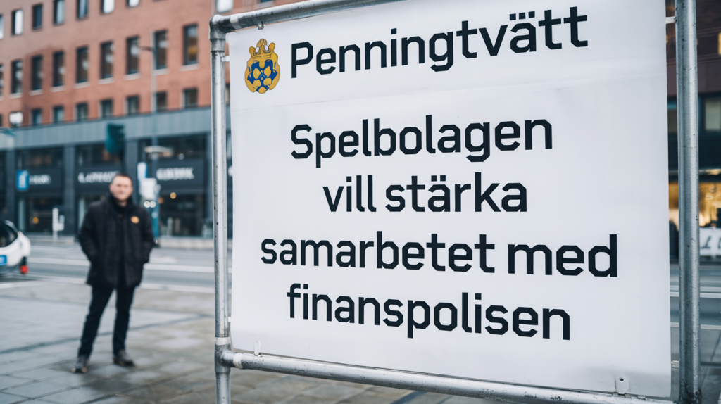 Ett foto på en Penningtvätt-skylt med texten "Spelbolagen vill stärka samarbetet med Finanspolisen"